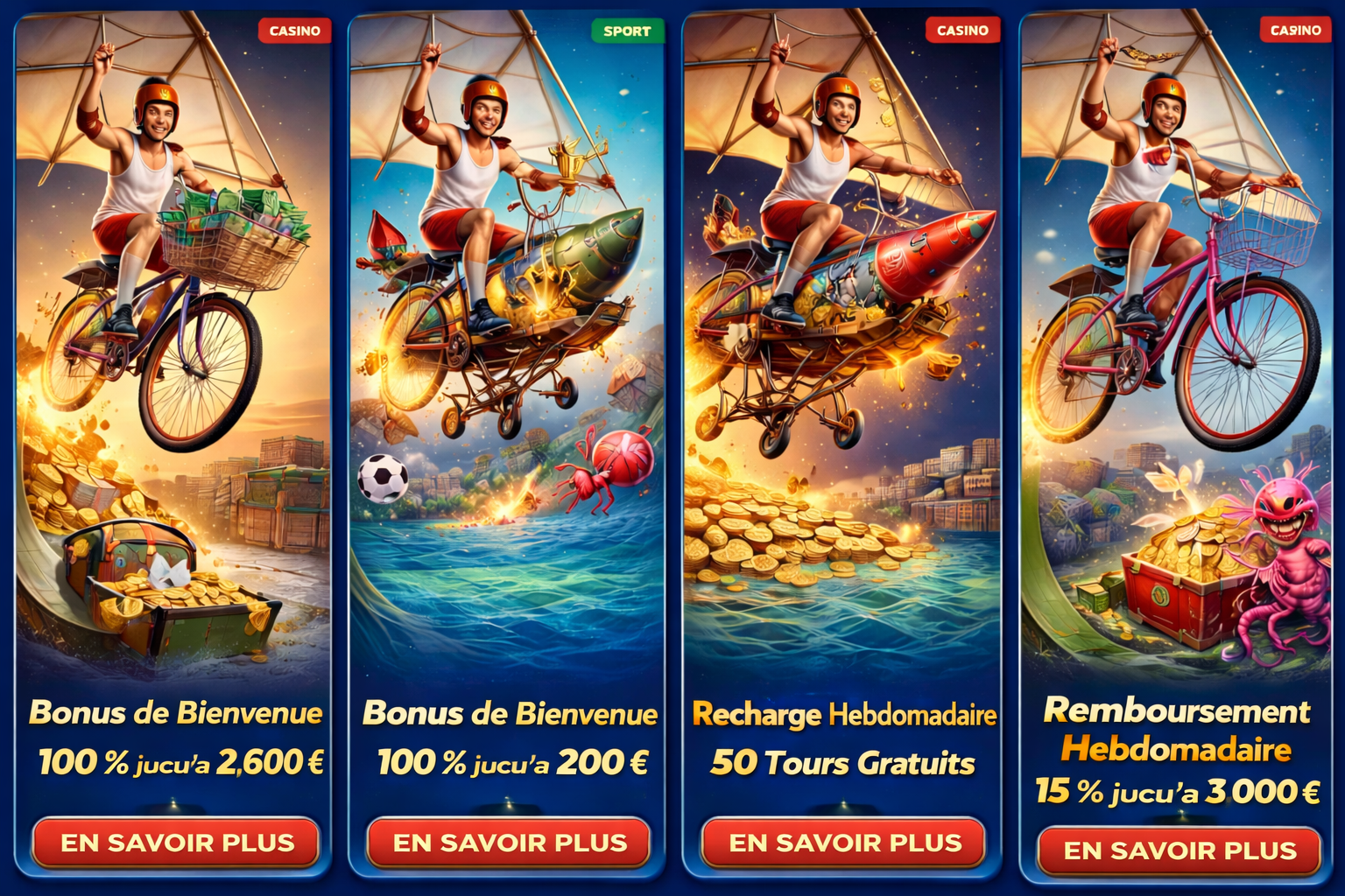 Smiling man holding phone with ‘50 free spins’ offer, standing over pile of gold coins, promoting weekly reload bonus.