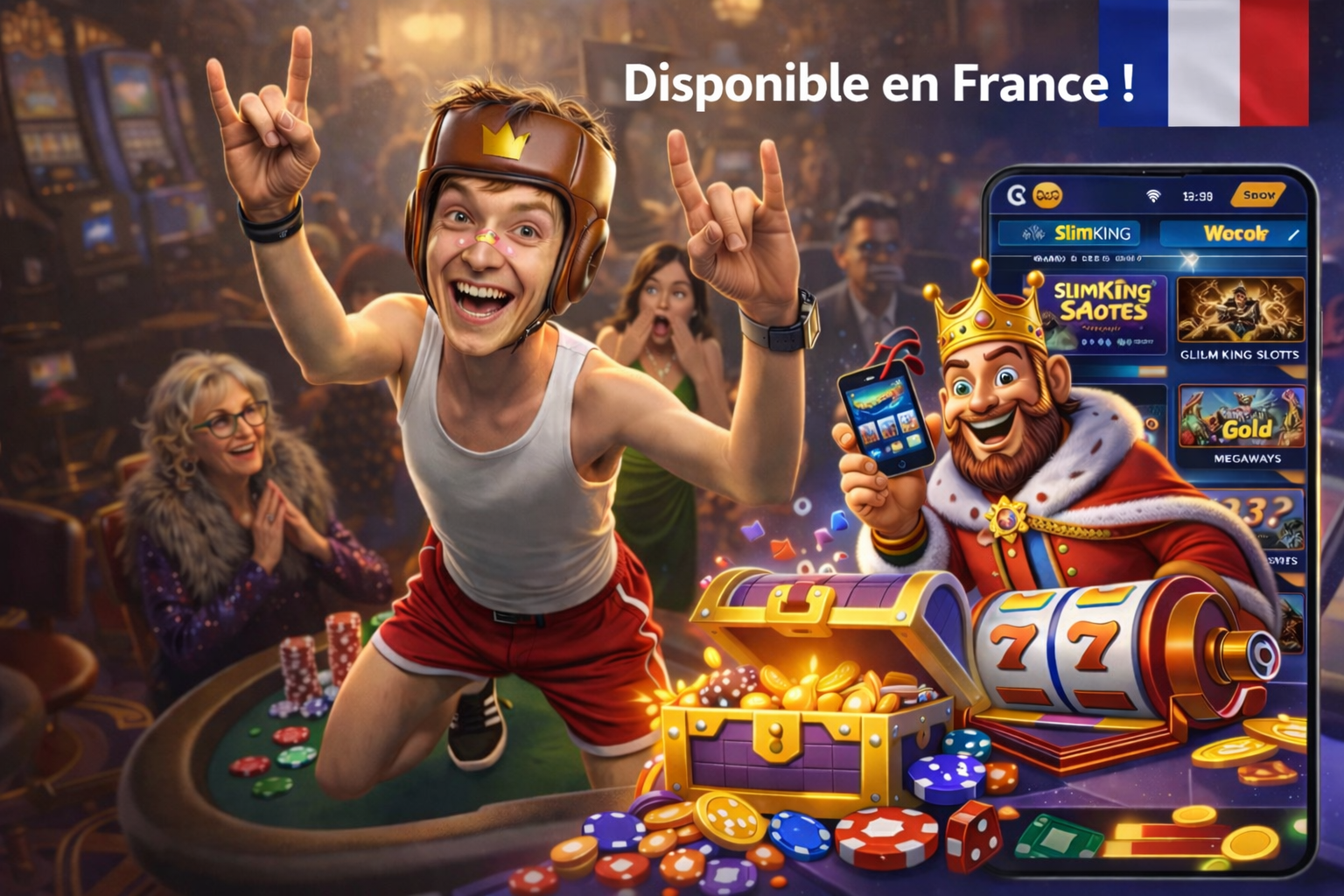 A joyful young man wearing a boxing helmet, white tank top, and red shorts kneels on a casino table surrounded by poker chips, playing cards, and two large tablet screens showing slot machine games. He raises both hands in a celebratory gesture while smil
